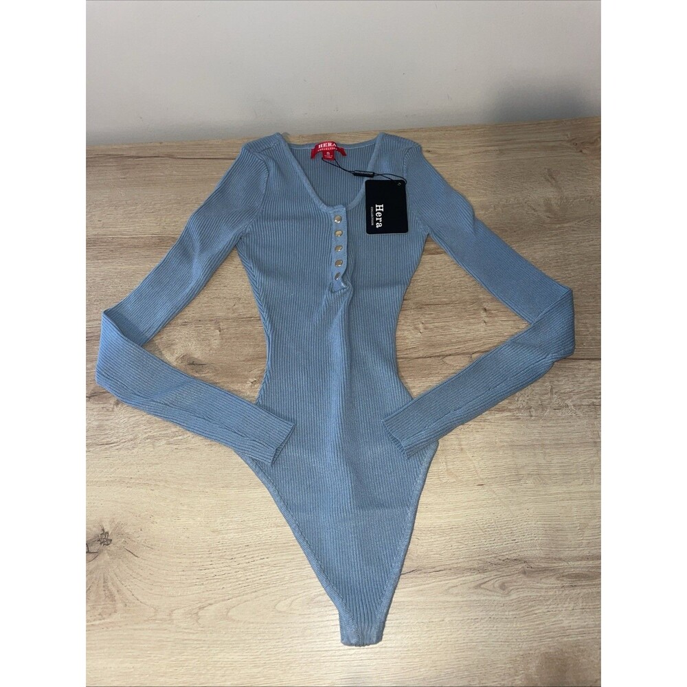 Hera Collection Bodysuit S Blue Ribbed Henley Snap Button Clean Girl Y2K NWT